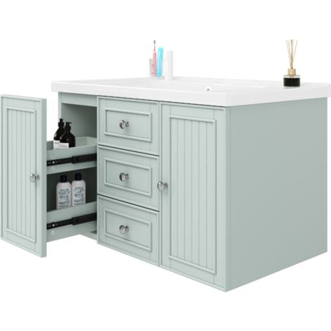 Meuble de salle de bain suspendu 78,5x46x46,8 cm avec lavabo, 3 tiroirs, 1 double tiroir, 1 armoire – Vert