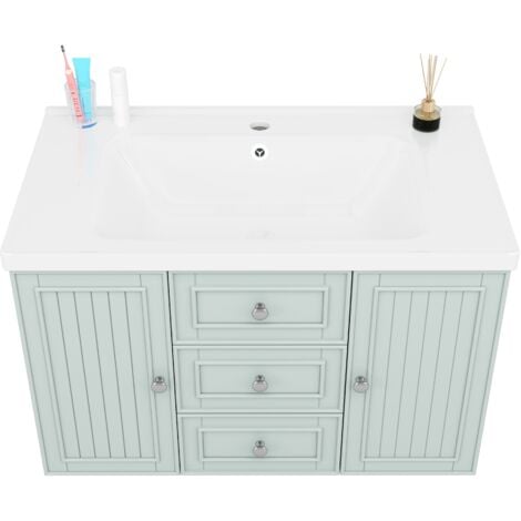 Meuble de salle de bain suspendu 78,5x46x46,8 cm avec lavabo, 3 tiroirs, 1 double tiroir, 1 armoire – Vert