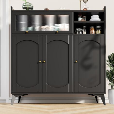 Buffet 120x39,8x118,5 cm, avec 3 portes de placard, 1 porte vitrée, poignées dorées, style scandinave, pour salle à manger et salon - Noir