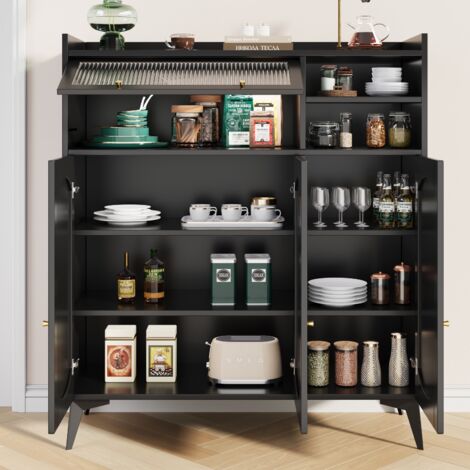 Buffet 120x39,8x118,5 cm, avec 3 portes de placard, 1 porte vitrée, poignées dorées, style scandinave, pour salle à manger et salon - Noir