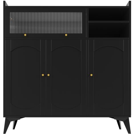 Buffet 120x39,8x118,5 cm, avec 3 portes de placard, 1 porte vitrée, poignées dorées, style scandinave, pour salle à manger et salon - Noir