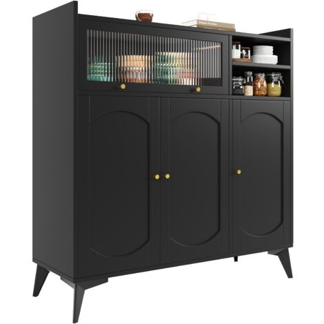 Buffet 120x39,8x118,5 cm, avec 3 portes de placard, 1 porte vitrée, poignées dorées, style scandinave, pour salle à manger et salon - Noir
