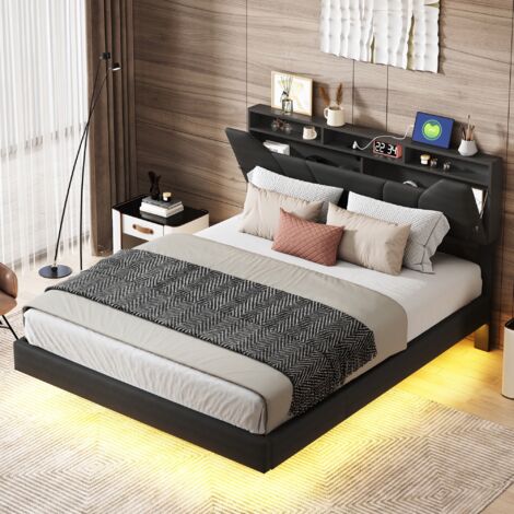 Lit Coffre 140x190 Cm Avec Rangement Hydraulique, Tête De Lit LED RGB Et Ports USB - Gris Lin, Sans Matelas