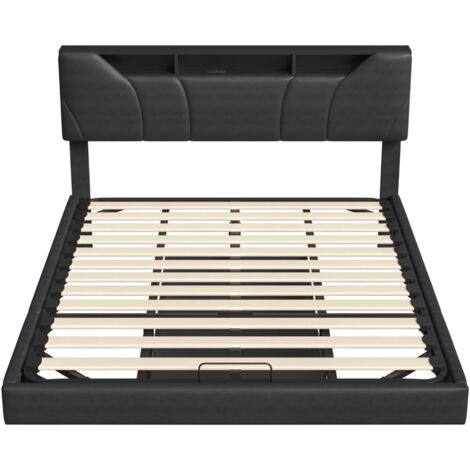 Lit Double 140x190 Cm Avec Rangement, Tiroirs, LED RGB Et USB - Tête De Lit Rembourrée, Sommier à Lattes Inclus, Noir