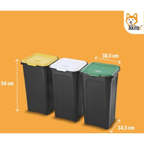 Set 3 Pattumiere Impilabili AKITAInk | Per Raccolta Differenziata | Plastica Resistente | Grigio | Salvaspazio | Per Cucina, Ufficio, Bagno | Totale 60 Litri