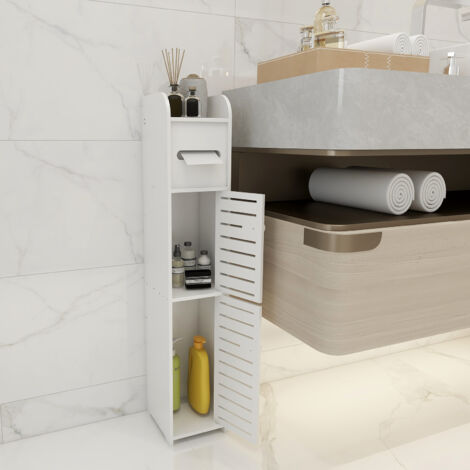 Badezimmerschrank, Badschrank, Badezimmermöbel mit Toilettenpapierhalter, Schmale Säule Für Badezimmer, Wohnzimmer, Küche, weiß (1/5)