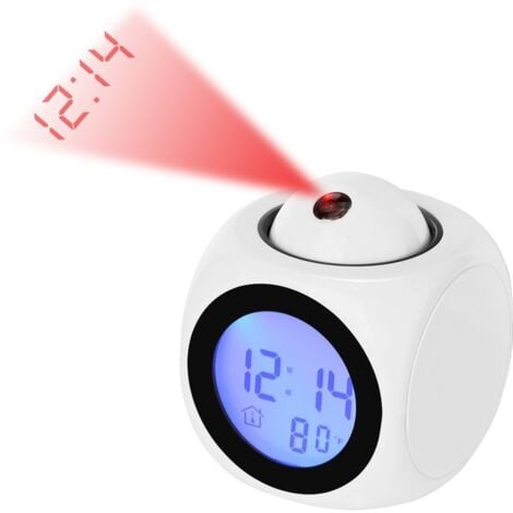 Horloge de projection numérique blanche Réveil LED silencieux Réveil de projection au plafond 12/24 heures Commande vocale Affichage de la température de l'heure Snooze Réveil Réveil numérique