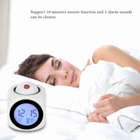 Horloge de projection numérique blanche Réveil LED silencieux Réveil de projection au plafond 12/24 heures Commande vocale Affichage de la température de l'heure Snooze Réveil Réveil numérique