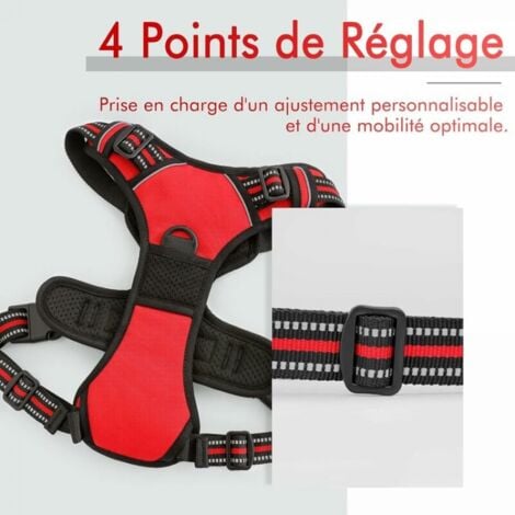 Harnais Chien XL Arnais Rouge Anti Traction Réfléchissant Gilet Réglable pour Chien Grand Taille, Attache Devant Crochet de Laisse pour Randonnée Trajet Voiture, American Staff, Border Collie