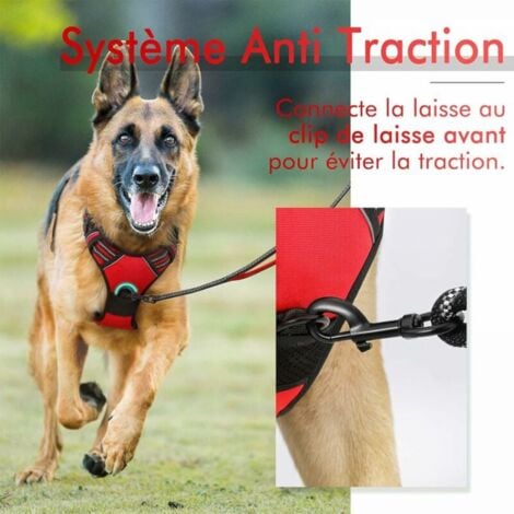 Harnais Chien XL Arnais Rouge Anti Traction Réfléchissant Gilet Réglable pour Chien Grand Taille, Attache Devant Crochet de Laisse pour Randonnée Trajet Voiture, American Staff, Border Collie