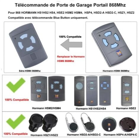 2PACK Télécommande de Garage Sdre HSM4 868 MHz avec 4 Boutons Couleur Bleue Remplacer Les émetteurs Hormann 868 MHz HS4 HSM2 HSP4 868 HS1 868 Tubauto HSM4 868 Tubauto HS4 868Fréquence