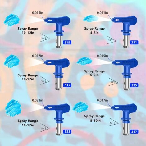 Lot de 6 buses de pulvérisation réversibles sans air, pistolets à peinture sans air, pièces de pulvérisation pour maisons, bâtiments, terrasses, clôtures (211, 315, 417, 517, 515, 523)