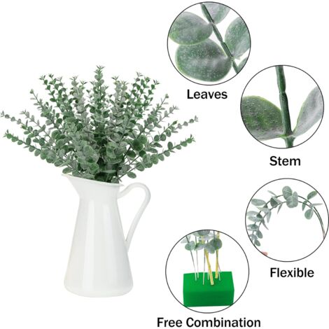 15 Branches D'Eucalyptus Artificiel Avec Fleurs Blanches - Fausses Plantes Vertes Pour Décoration Intérieure, Mariage, Table