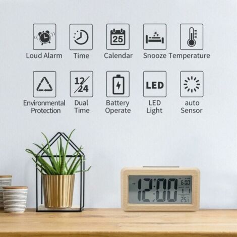 Réveil LED En Bois Hornbill – Chargeur Sans Fil, Commande Vocale, Température