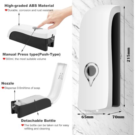 2 X 300 Ml Distributeur De Savon Avec Support Mural, Plastique