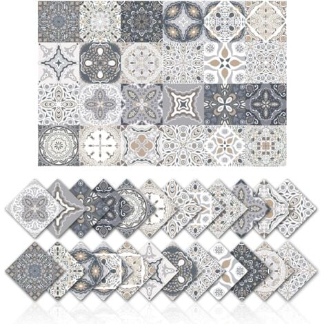 Autocollants carrelage salle de bain et cuisine 24 pièces 15x15 cm Décoration murale adhésive en PVC imperméable Carreaux de ciment mosaïque