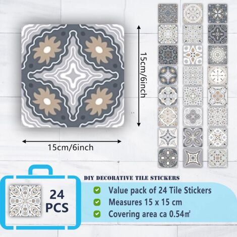 Autocollants carrelage salle de bain et cuisine 24 pièces 15x15 cm Décoration murale adhésive en PVC imperméable Carreaux de ciment mosaïque