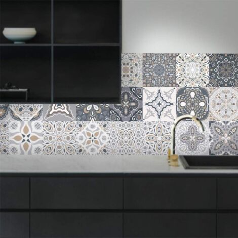 Autocollants carrelage salle de bain et cuisine 24 pièces 15x15 cm Décoration murale adhésive en PVC imperméable Carreaux de ciment mosaïque