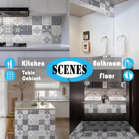 Autocollants carrelage salle de bain et cuisine 24 pièces 15x15 cm Décoration murale adhésive en PVC imperméable Carreaux de ciment mosaïque