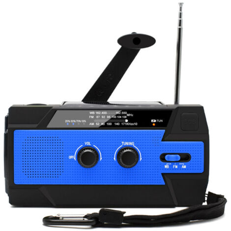 Radio Solaire à Manivelle Portable Radio Dynamo Rechargeable avec AM/FM/WB Batterie Rechargeable Intégrée 4000mAh 4 Modes Lampe de Poche LED Alarme SOS pour Urgence en Plein Air,bleu (1/4)