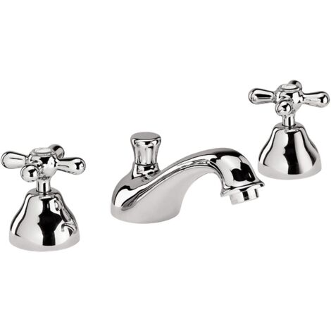 Paini France – Mélangeur de lavabo 3 trous rétro victorien – Finition chromée – 2 poignées croisées – Bec fixe avec vidage automatique 1'1/4