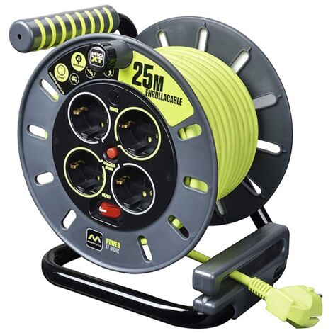 Enrouleur électrique 4 prises Schuko 16A – Câble 25M – Interrupteur ON/OFF – Indicateur LED – Dispositif de sécurité thermique – Masterplug