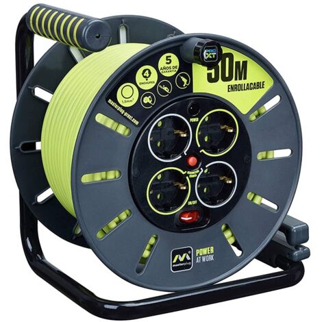 Enrouleur électrique 4 prises Schuko 16A – Câble H05VV-F 3G1.5 de 50 mètres – Dispositif de sécurité thermique – Indicateur LED – Masterplug - 50Mts