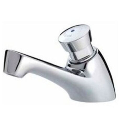 Presto – Mitigeur de lavabo temporisé mono-levier – Corps en laiton chromé – Ouverture par bouton-poussoir – Installation sur étagère – Débit réglable