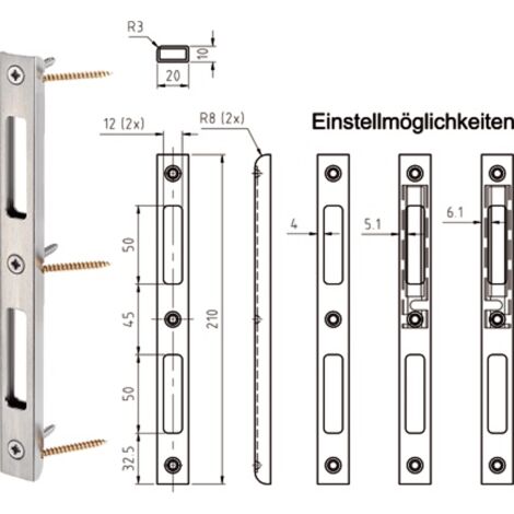 dormakaba Schliessblech SB.VS.H.DS 45 verstellbar,  210x20x10mm,  dekorsilber