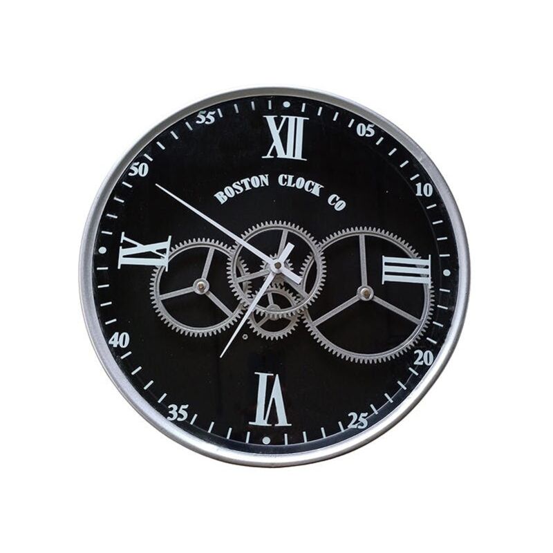 Horloge engrenages argent fond noir Boston