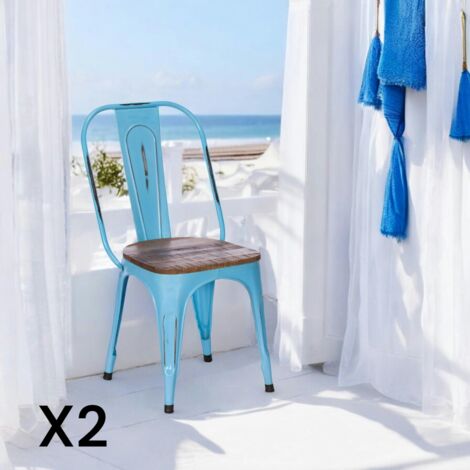 Chaise industrielle métal bleu bois recyclé LEEDS (lot de 2) (1/3)