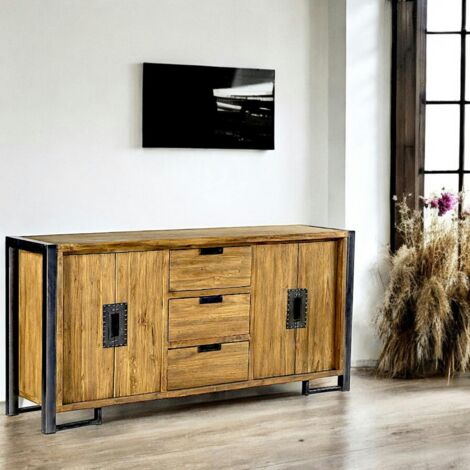 Pier Import – Enfilade en teck massif recyclé 4 portes 3 tiroirs 186x45x88cm – Finition naturelle – Tiroirs sur rails métal avec ouverture totale