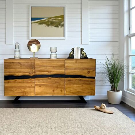 Pier Import – Buffet moderne en bois recyclé de teck laqué noir – Dimensions 161x48x80 cm – Espace de rangement pratique avec 3 tiroirs et placard (1/5)