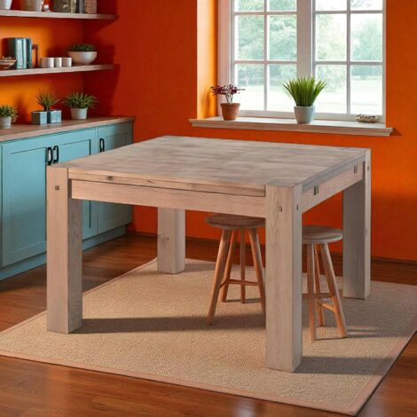 Pier Import – Table carrée salle à manger 120 cm – Bois chêne massif – Finition huilée – 4 places – Épaisseur plateau 4.5 cm – Ecart 96 cm entre pieds