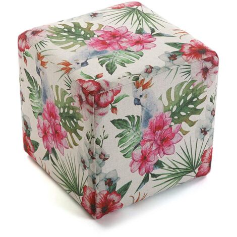 Pouf cube tropical motif perroquets, feuilles et fleurs 35x35x35cm BORNEO (1/2)