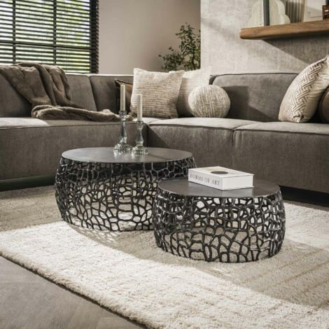 Pier Import – Table basse gigogne en métal gris – Motifs ajourés – 2 pièces empilables – Dimensions D75 x H30 cm et D55 x H25 cm