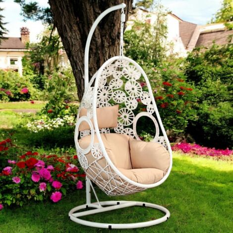 Pier Import – Fauteuil œuf suspendu blanc – Résine tressée imitation osier – Armature en fer – Hydrofuge et résistant aux intempéries