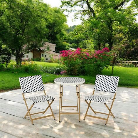 Salon de jardin table ronde + 2 chaises résine blanche tressée motifs bleus BISTROT (1/2)