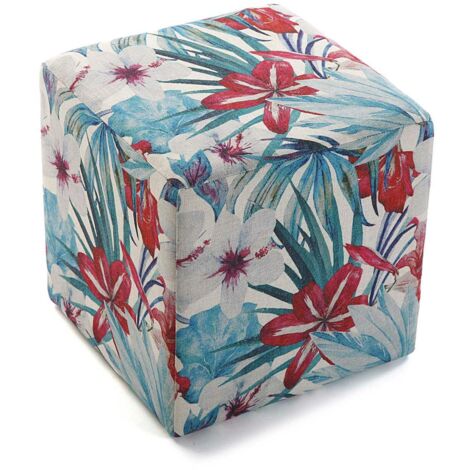 Pouf cube tropical motif feuilles et grandes fleurs rouges 35x35x35cm BORNEO (1/2)