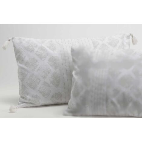 Coussin rectangle housse 100% coton écru avec motifs gris et pompons 30X50cm