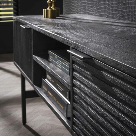 Meuble tv 200x40x50,5 cm - rangement pour tv jusqu'à 80 pouces avec 2 portes et 2 tiroirs - mdf et verre trempé - noir