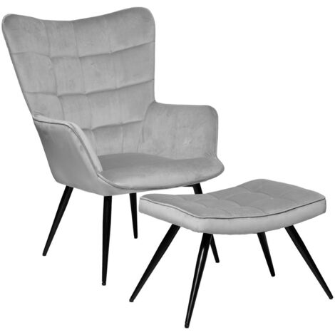 Fauteuil relax en velours gris et son tabouret (2 pièces) GOTEBORG (1/5)