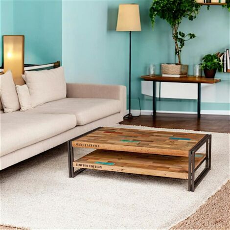 Table basse rectangle bois recyclé double plateaux 120x70 CARAVELLE (1/4)