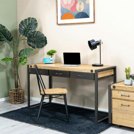Bureau Inspiration Indus' en Acacia et Métal 3 tiroirs métal 140x60x78,5cm BROOKLYN (1/5)