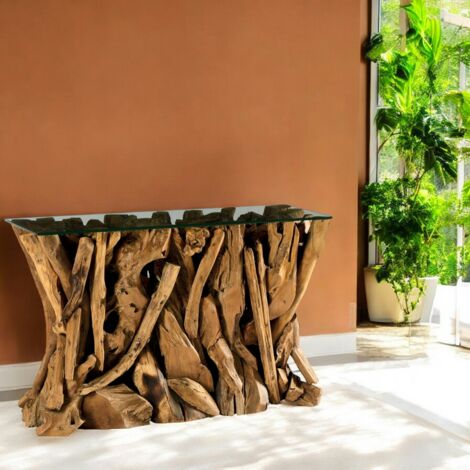 Pier Import – Console en verre sur racine de teck recyclé – Dimensions 120x40x78 cm – Élégance naturelle pour intérieur moderne
