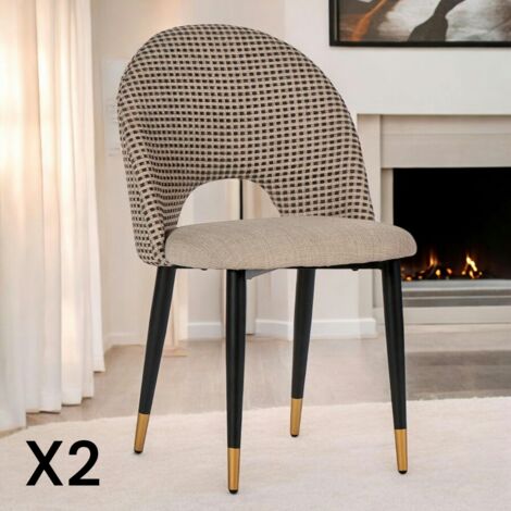 Pier Import – Lot de 2 chaises salle à manger tissu quadrillé taupe – Structure en contreplaqué et fer – Assise confortable 47cm – Design moderne (1/4)