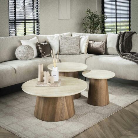 Pier Import – Table basse ronde en céramique – Set de 3 – Finition effet travertin – Dimensions : D45/60/80 x H40/45/35 cm – Pieds à assembler