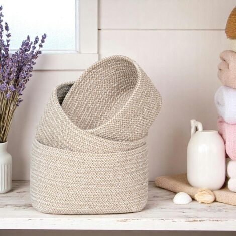 Panier de rangement en coton beige, tressage bicolore (lot de 3) (1/4)