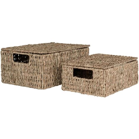 IGNPION Panier de rangement en jonc de mer tissé avec couvercle - Boîte rectangulaire pour bureau et salle de bain - Panier décoratif multi-usages (Café, taille S
