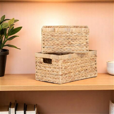 Panier de rangement déco en jacinthe d'eau avec poignées (lot de 2) (1/4)
